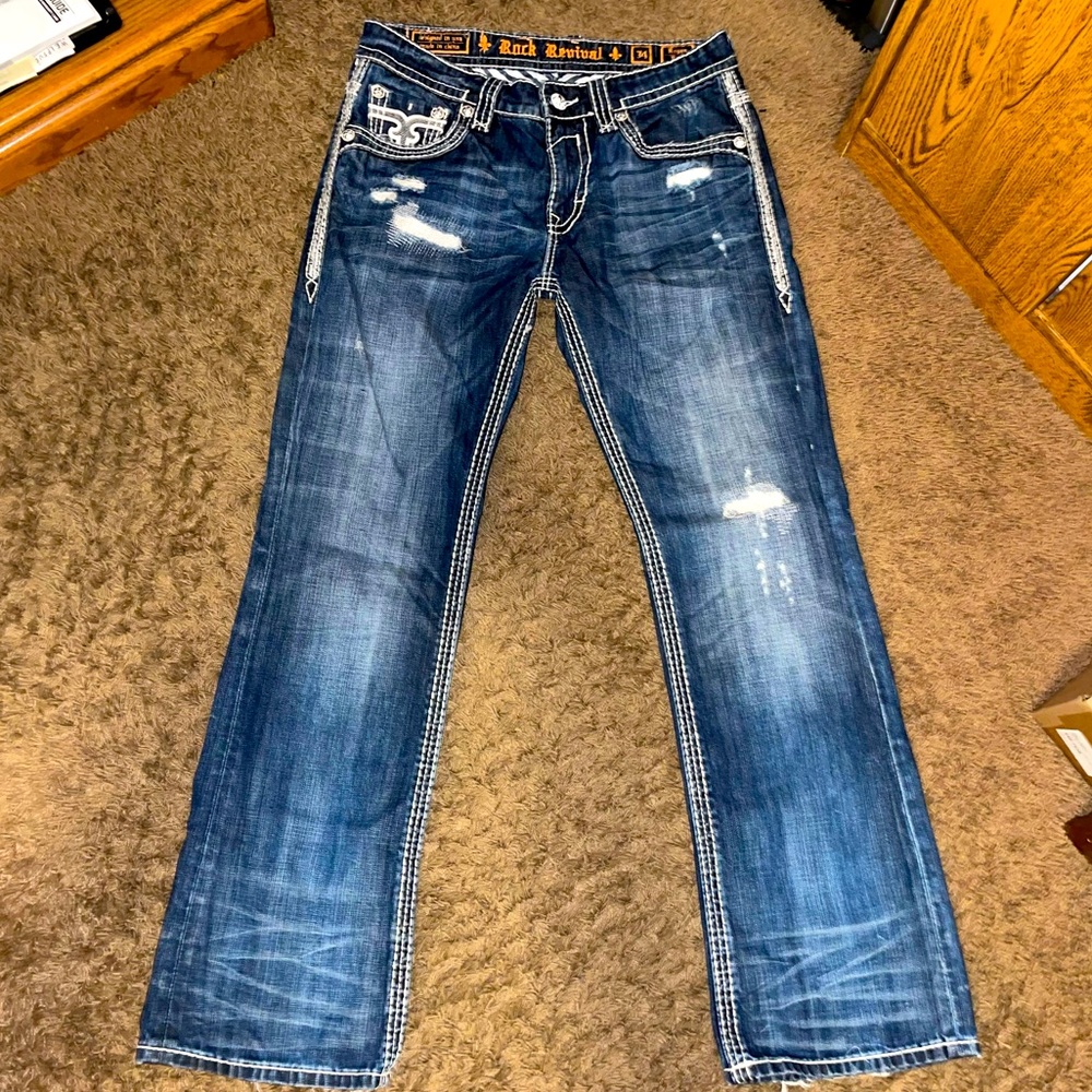 Rock Revival Mens Rogan (Blue) Bootcut Jeans 34”